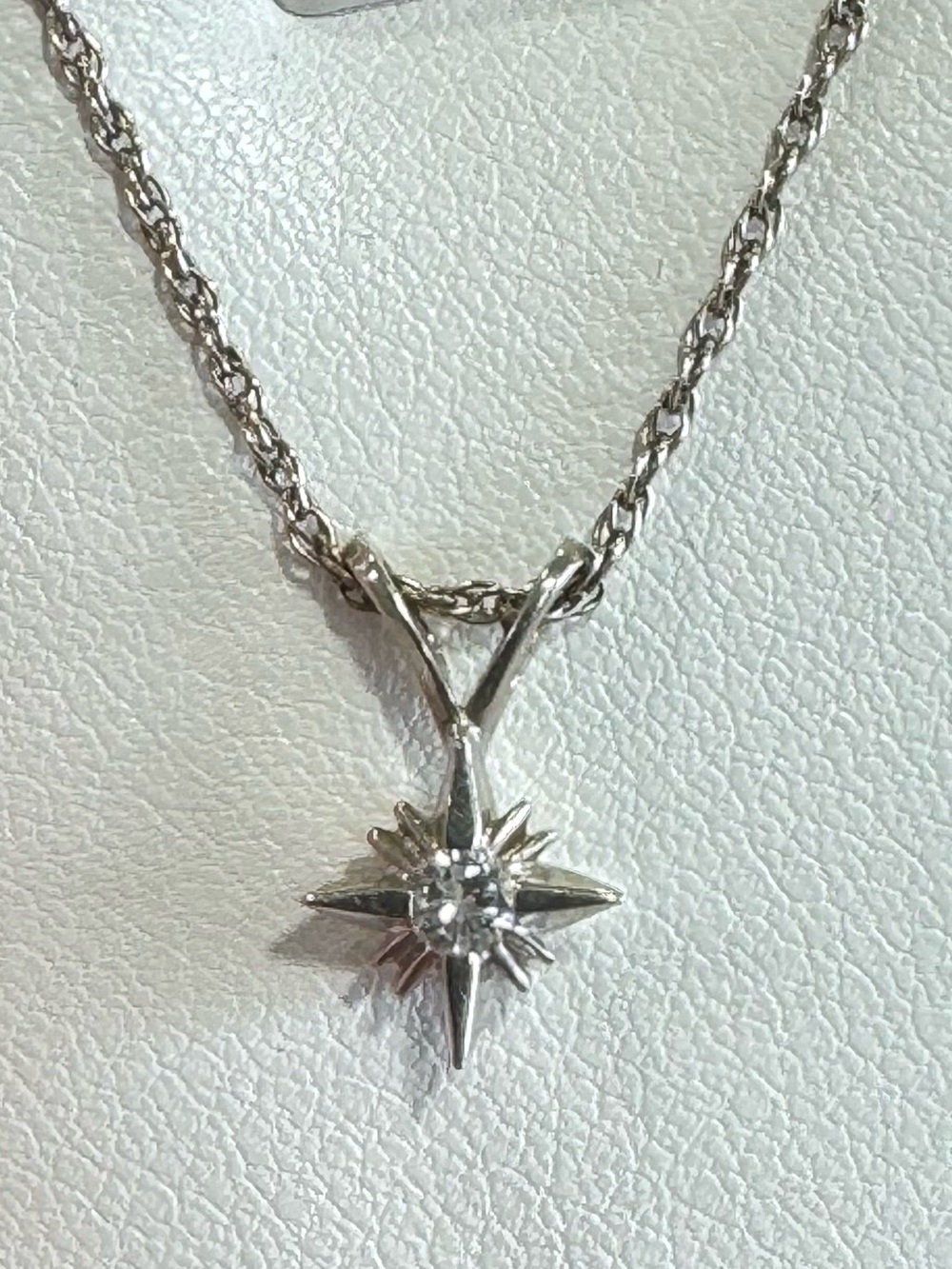 14K White Gold Diamond Starburst North Star Pendant Rope Chain Necklace
